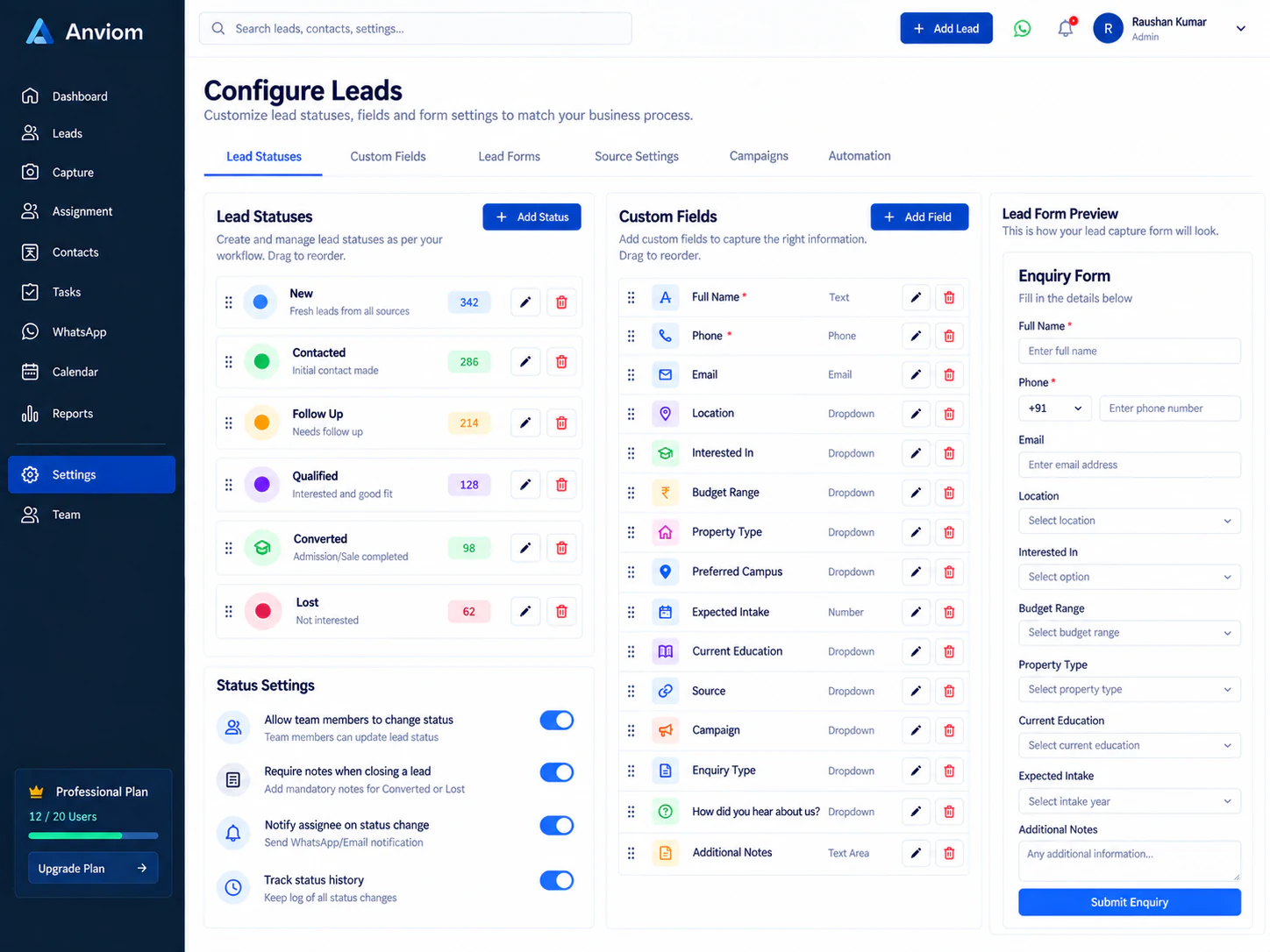 Custom statuses and fields