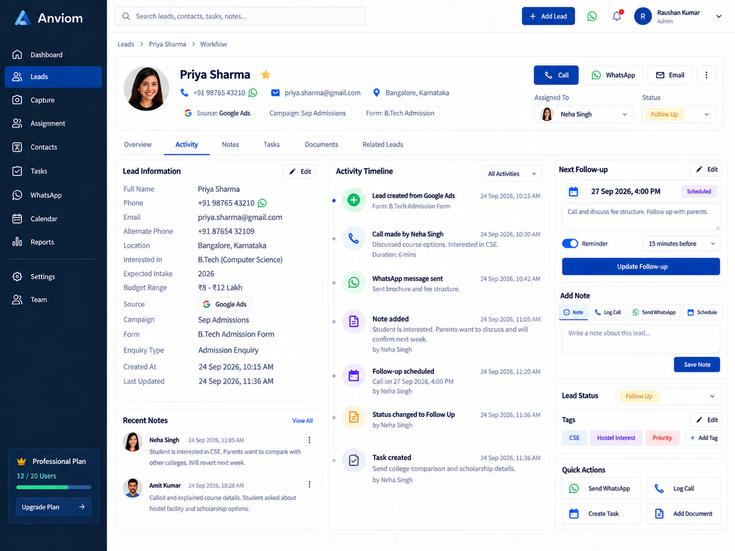 Follow-ups and lead timeline