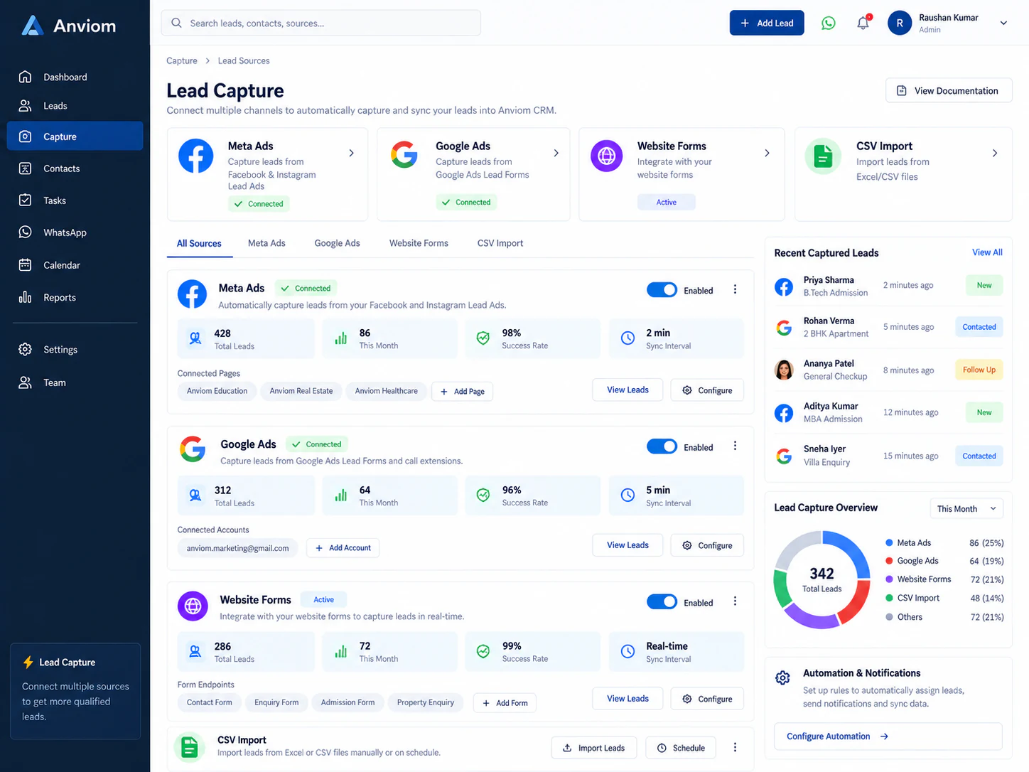 Leads arriving from Meta lead ads and CSV import