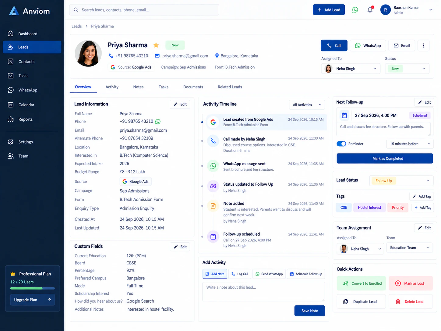 Lead timeline with scheduled follow-ups