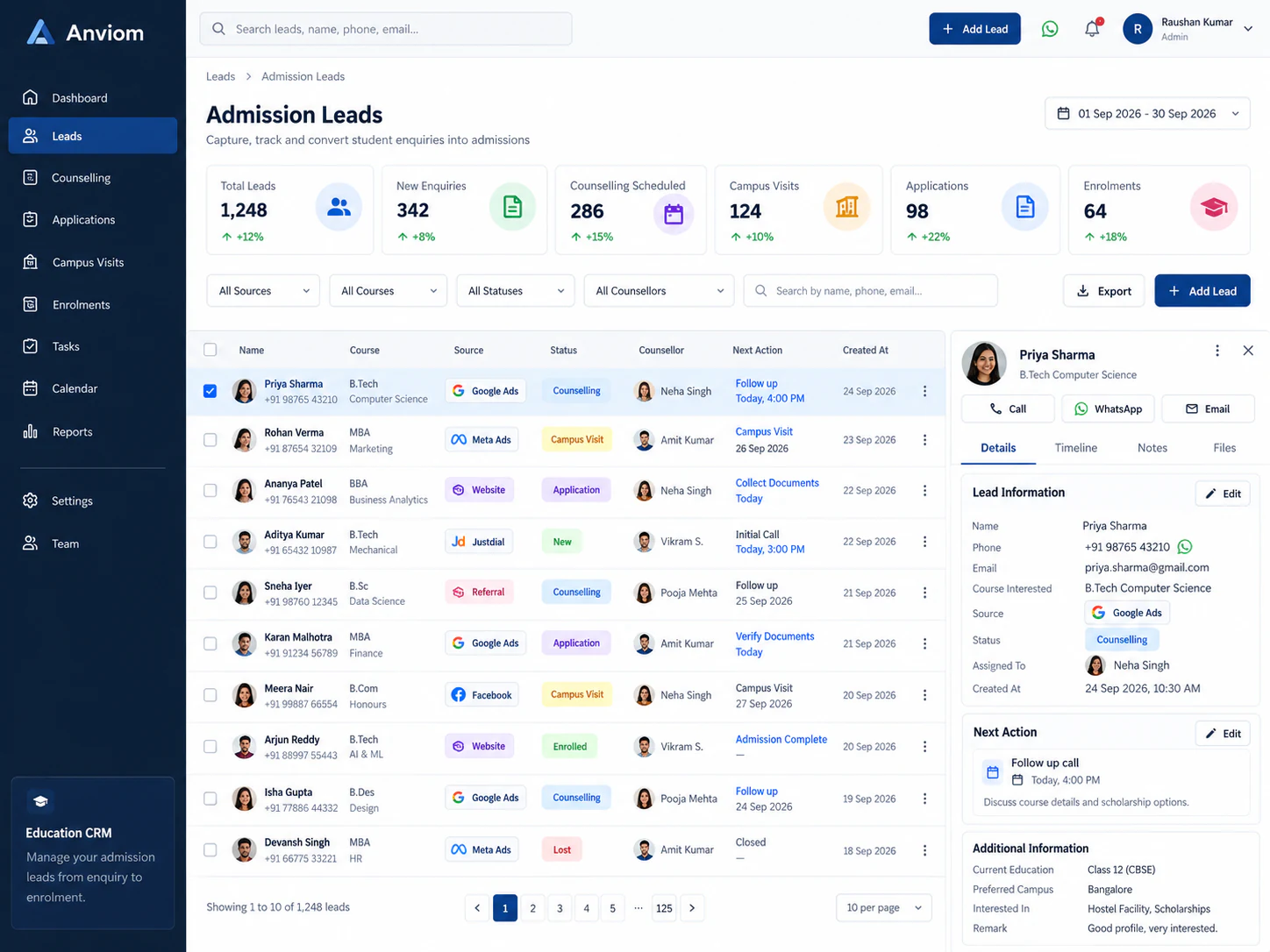Admissions pipeline in Anviom CRM